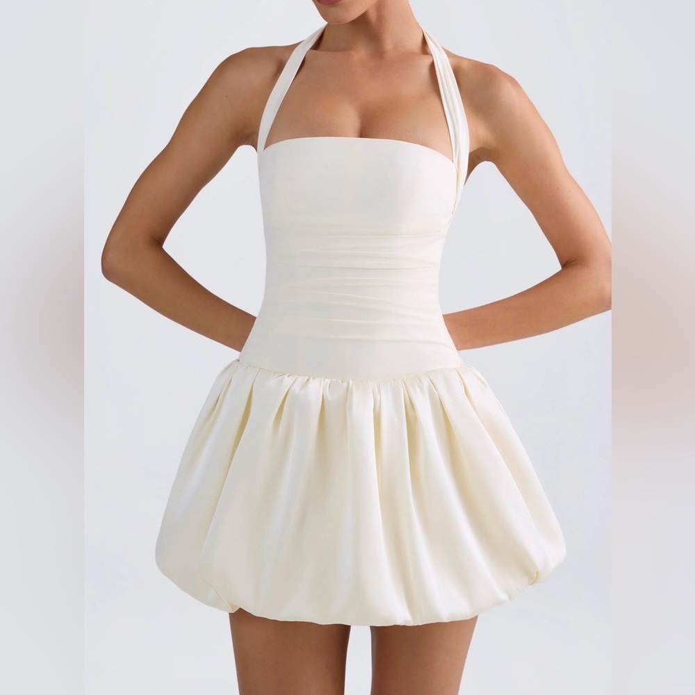 Halterneck Lace-Up Bubble Hem Corset Micro Mini Dress in - Oh polly